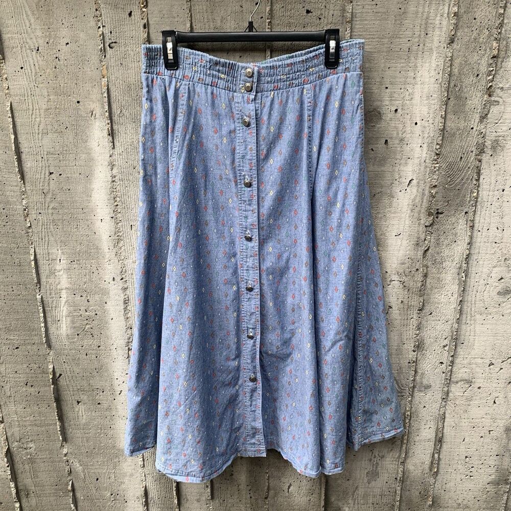 Vtg Chambray Denim Button Front A-Line Midi Skirt Women Sz L Western Bohemian